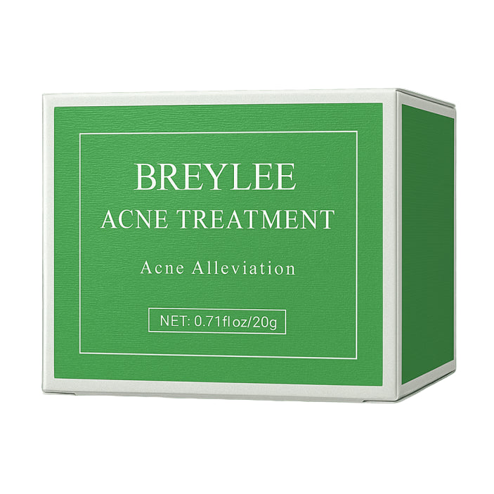 Breylee Acne Treatment Cream jar, open container showing white cream texture, and product packaging box on light green background