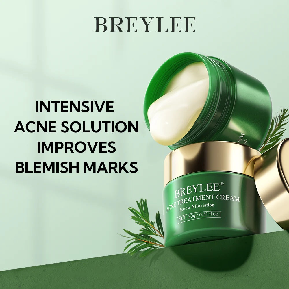 Breylee Acne Treatment Cream jar, open container showing white cream texture, and product packaging box on light green background
