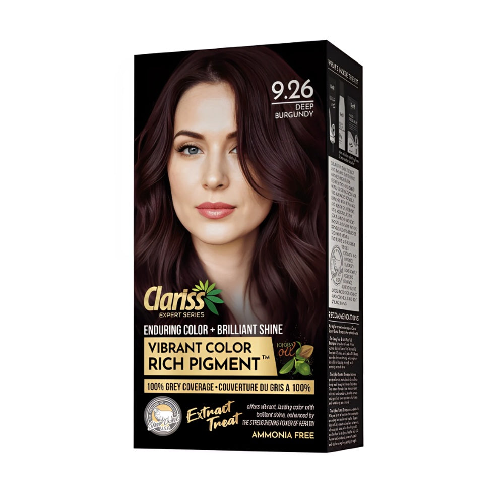 Deep Burgundy 9.26: Clariss Hair Color Deep Burgundy 9.26 packaging – vibrant pigment, nourishing formula