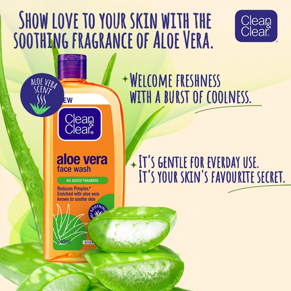 Clean & Clear Aloe Vera Face Wash with soothing aloe vera scent – promotes freshness, coolness, and gentle everyday use for clear, healthy skin.