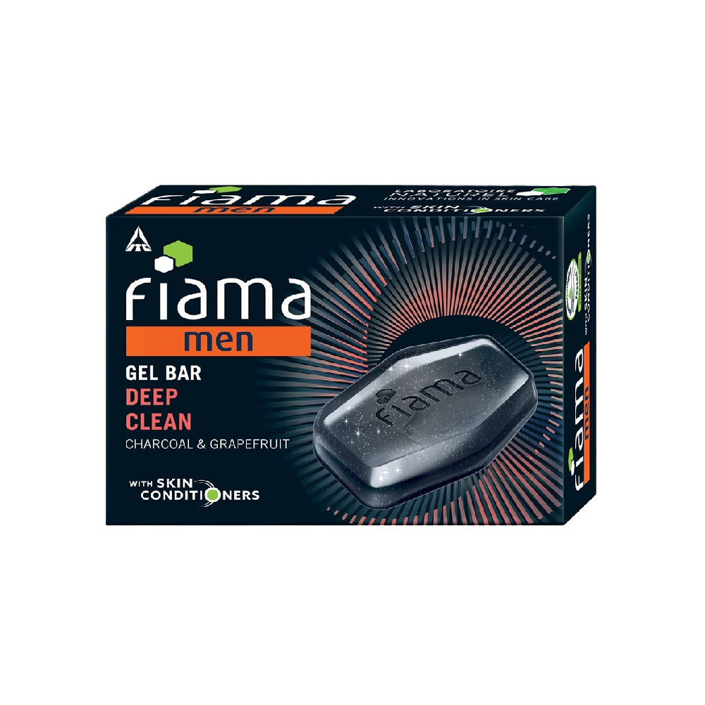 Fiama Men Gel Bar Deep Clean soap with charcoal and grapefruit packaging, black bar and blue box design for men’s skincare