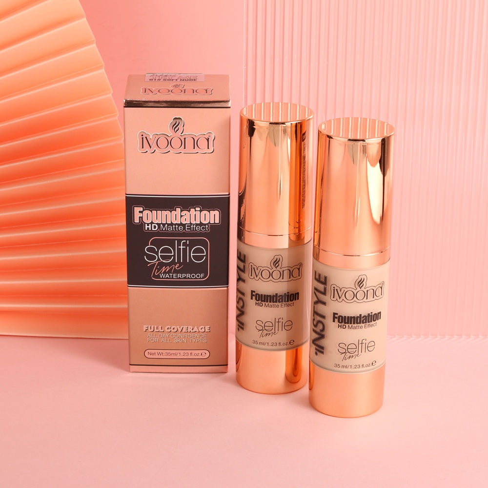 IVOONA Selfie Time HD Matte Effect waterproof foundation bottle standing with another bottle lying on acrylic block
