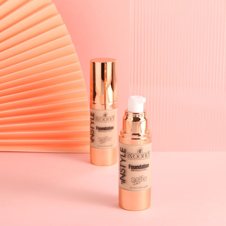 IVOONA Selfie Time Foundation HD Matte Effect waterproof full coverage bottle and box on pink background