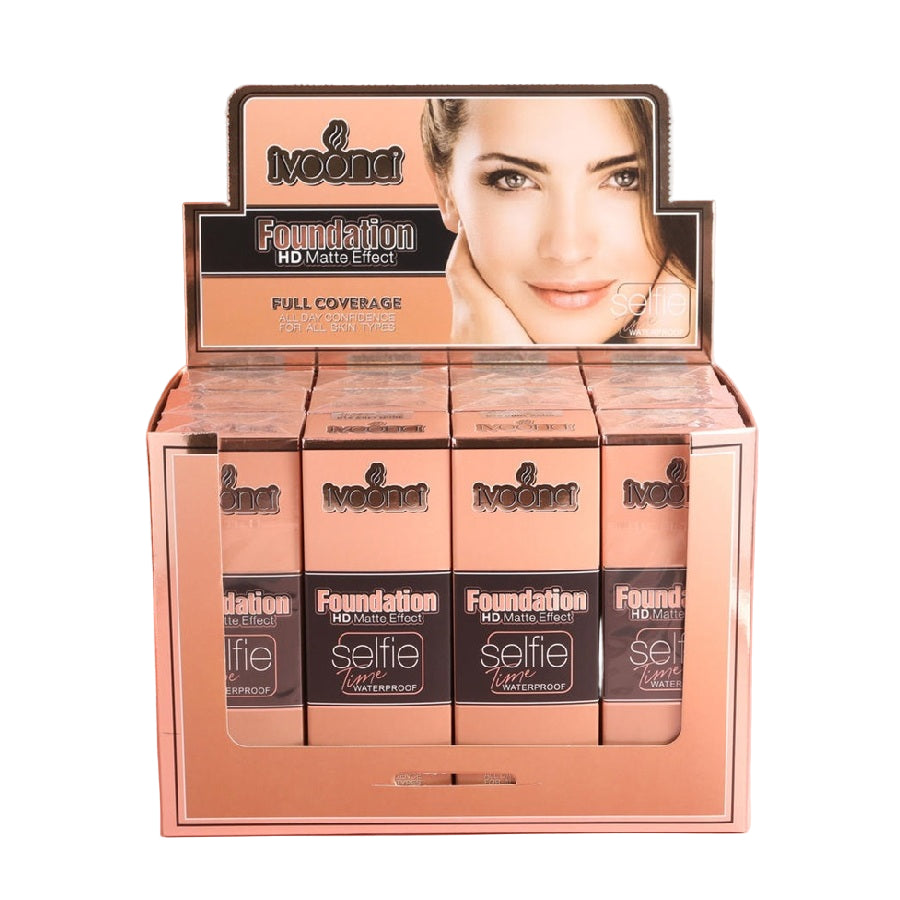 IVOONA Selfie Time HD Matte Effect foundation bottle with pump and closed bottle on soft pink studio background