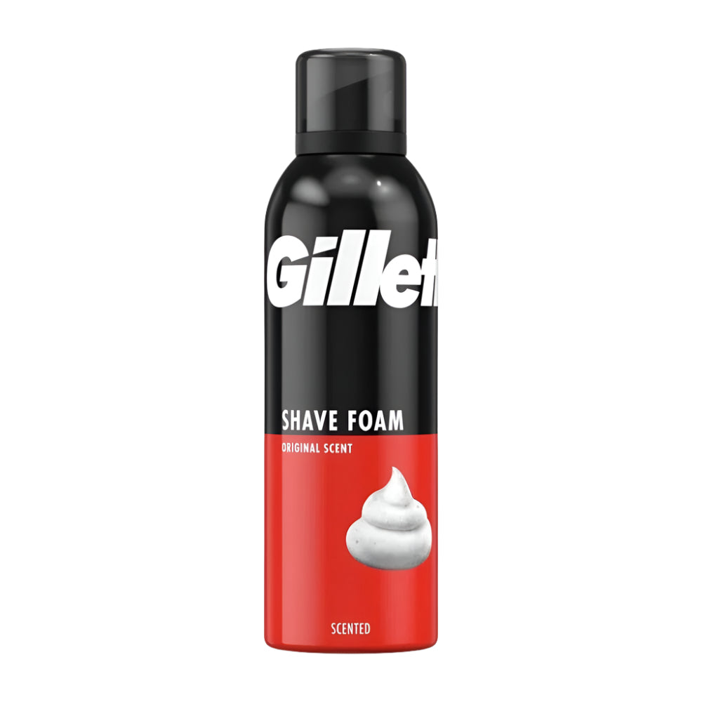 Front view of Gillette Original Scent Shave Foam can with classic blue design (BD)