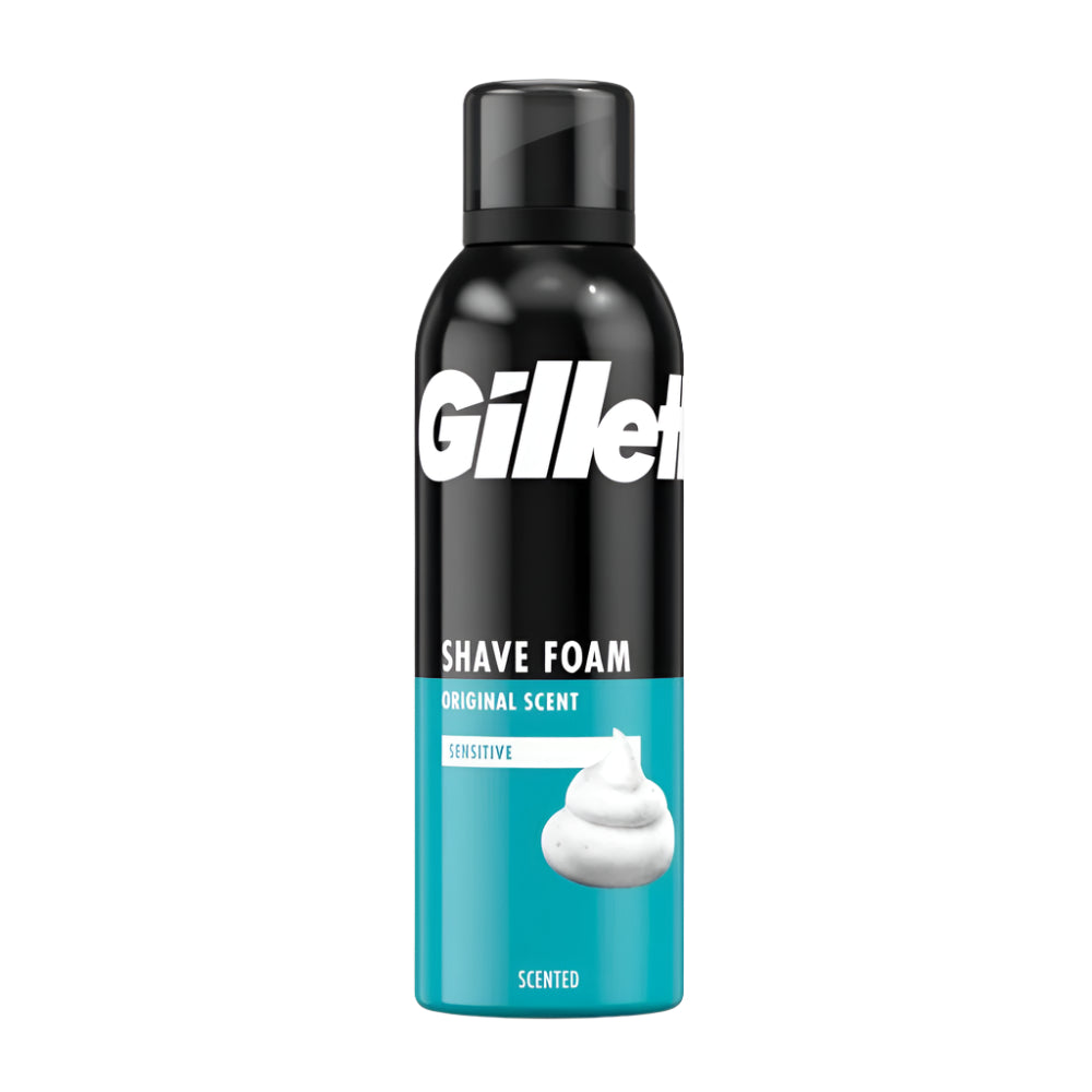 Front view of Gillette Sensitive Shave Foam can – 245g variant with aloe label (BD)