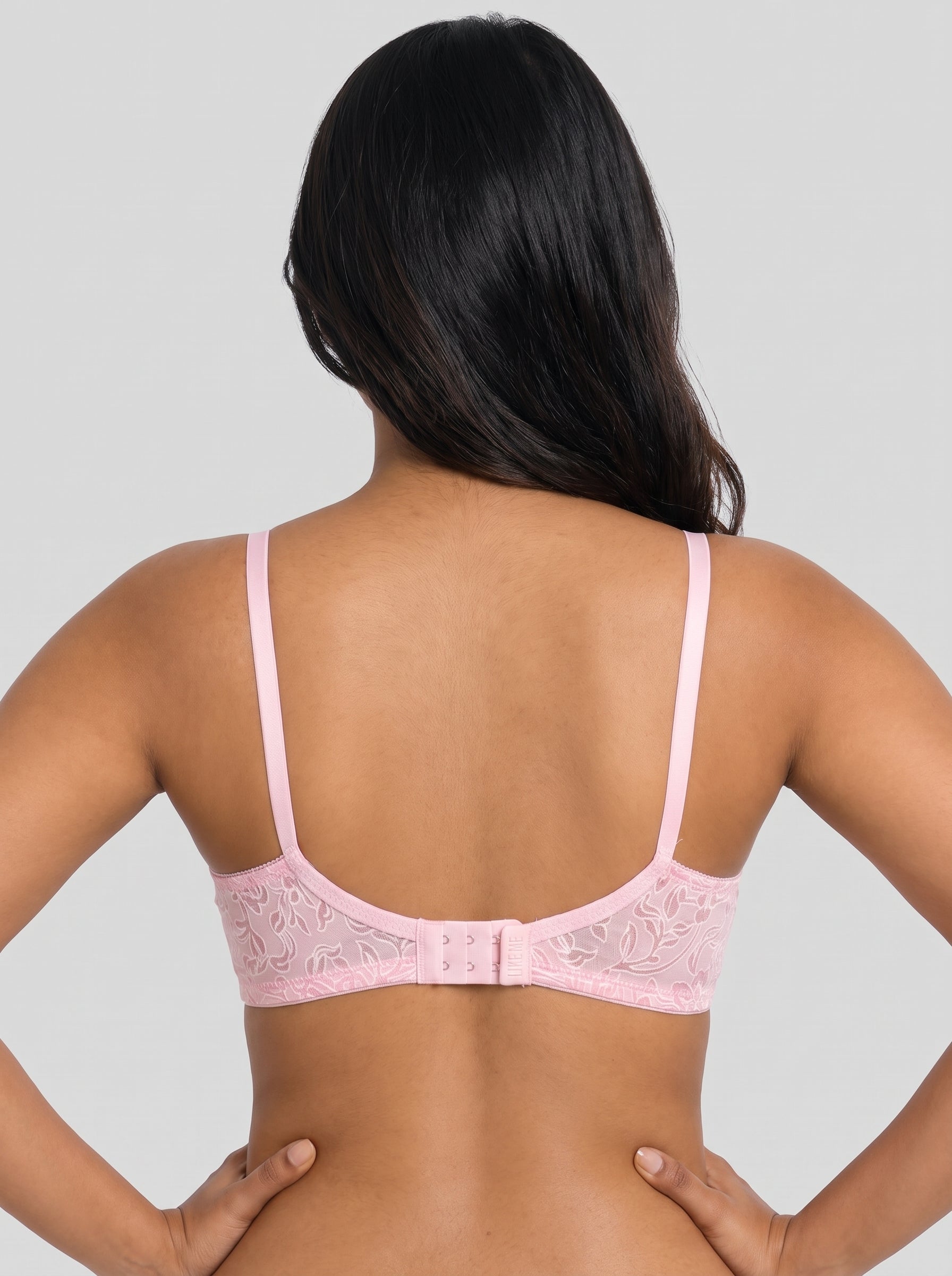 Pink Like-Me Eves Bra back view with scoop straps and center hook closure. #color_pink