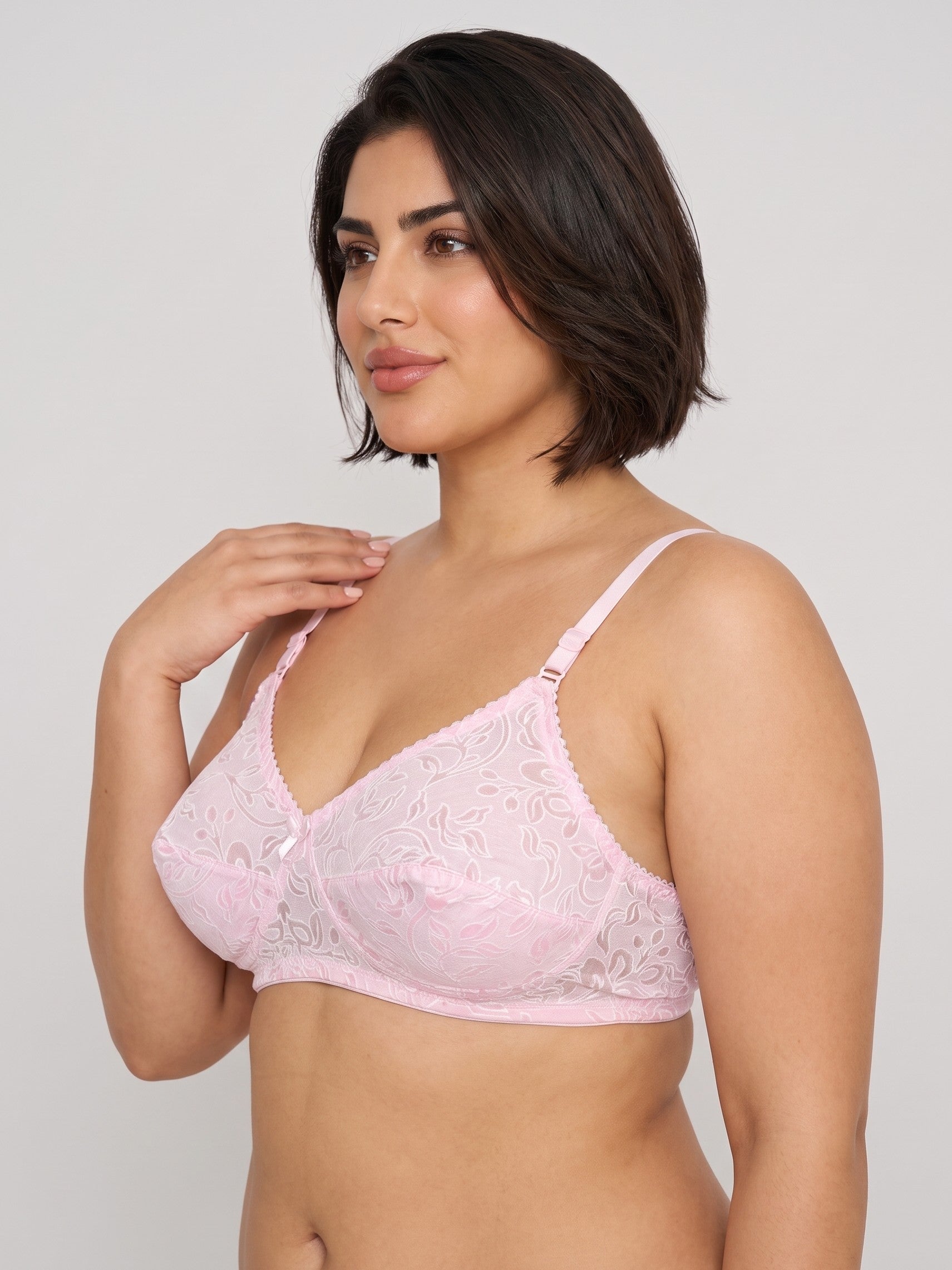Pink Like-Me Eves Bra side view with floral lace cups and slim adjustable straps. #color_pink