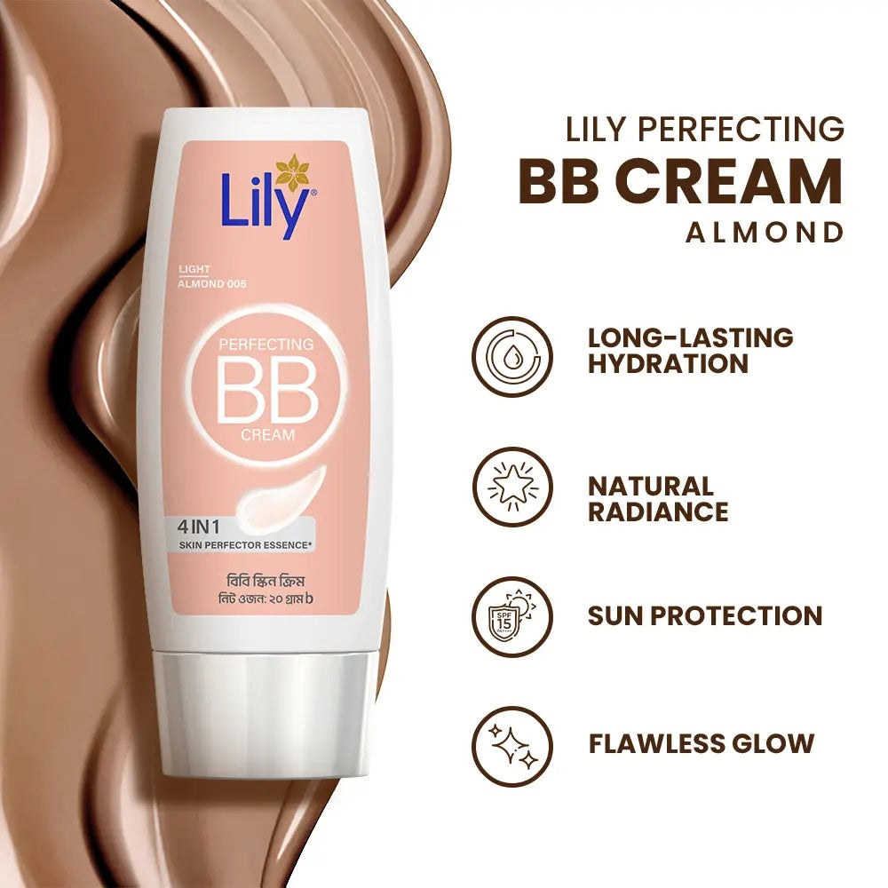 Lily Perfecting BB Cream Almond – 4-in-1 skin perfector with SPF 15, highlighting long-lasting hydration, natural radiance, sun protection, and flawless glow.