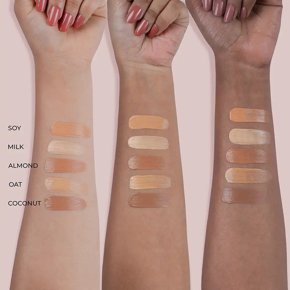 BB cream swatches in shades Soy, Milk, Almond, Oat, and Coconut shown on light, medium, and deep skin tones for accurate shade matching.
