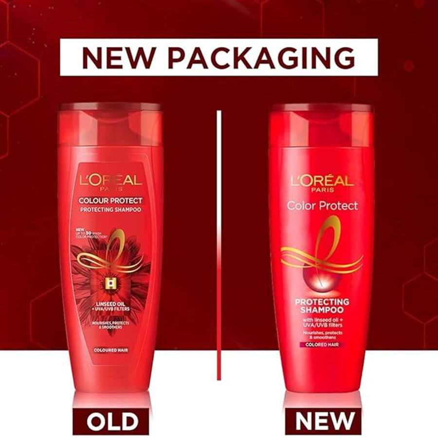 L’Oréal Paris Color Protect Protecting Shampoo bottle for colored hair with linseed oil and UV filters, Old and New packaging