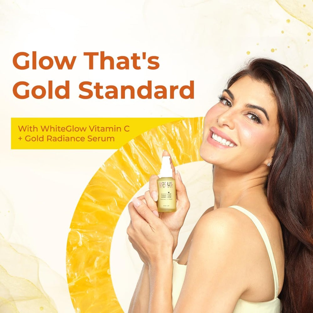 Lotus Herbals WhiteGlow Vitamin-C + Gold Radiance Serum bottle with orange, amla, and gold extracts for glowing skin