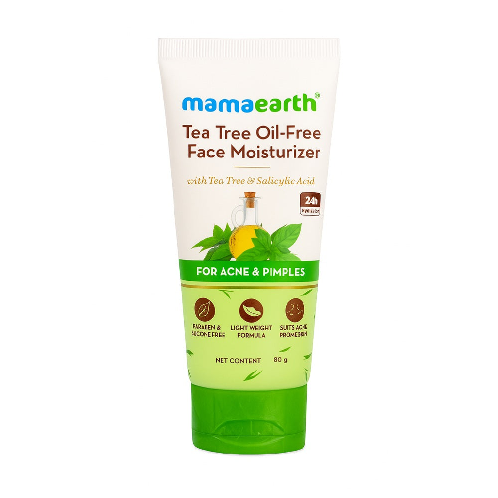 Mamaearth Tea Tree Oil-Free Face Moisturizer with Tea Tree & Salicylic Acid – 80g, lightweight hydrating cream for acne & pimples.