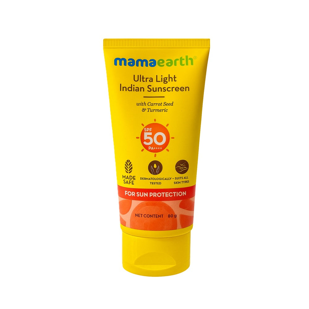 Mamaearth Ultra Light Indian Sunscreen SPF 50 PA+++ with Carrot Seed & Turmeric – 80g tube