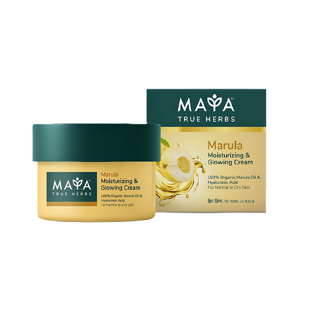 Maya True Herbs Marula Moisturizing & Glowing Cream jar with marula fruit