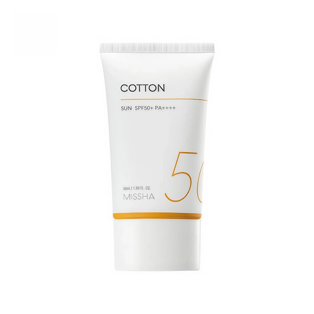 Missha All Around Safe Block Cotton Sun SPF50+ PA++++ sunscreen in white tube packaging with minimal orange design.