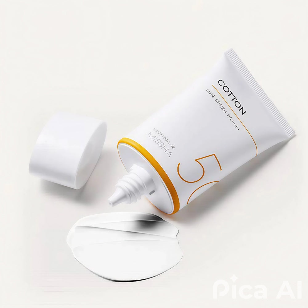 Missha Cotton Sun SPF50+ PA++++ sunscreen tube opened with cream texture displayed on a clean surface.
