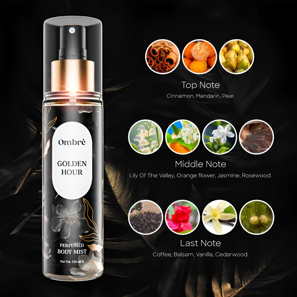 Ombré Golden Hour Perfumed Body Mist – Fragrance Notes Include Cinnamon, Mandarin, Pear, Jasmine, Vanilla, Cedarwood
