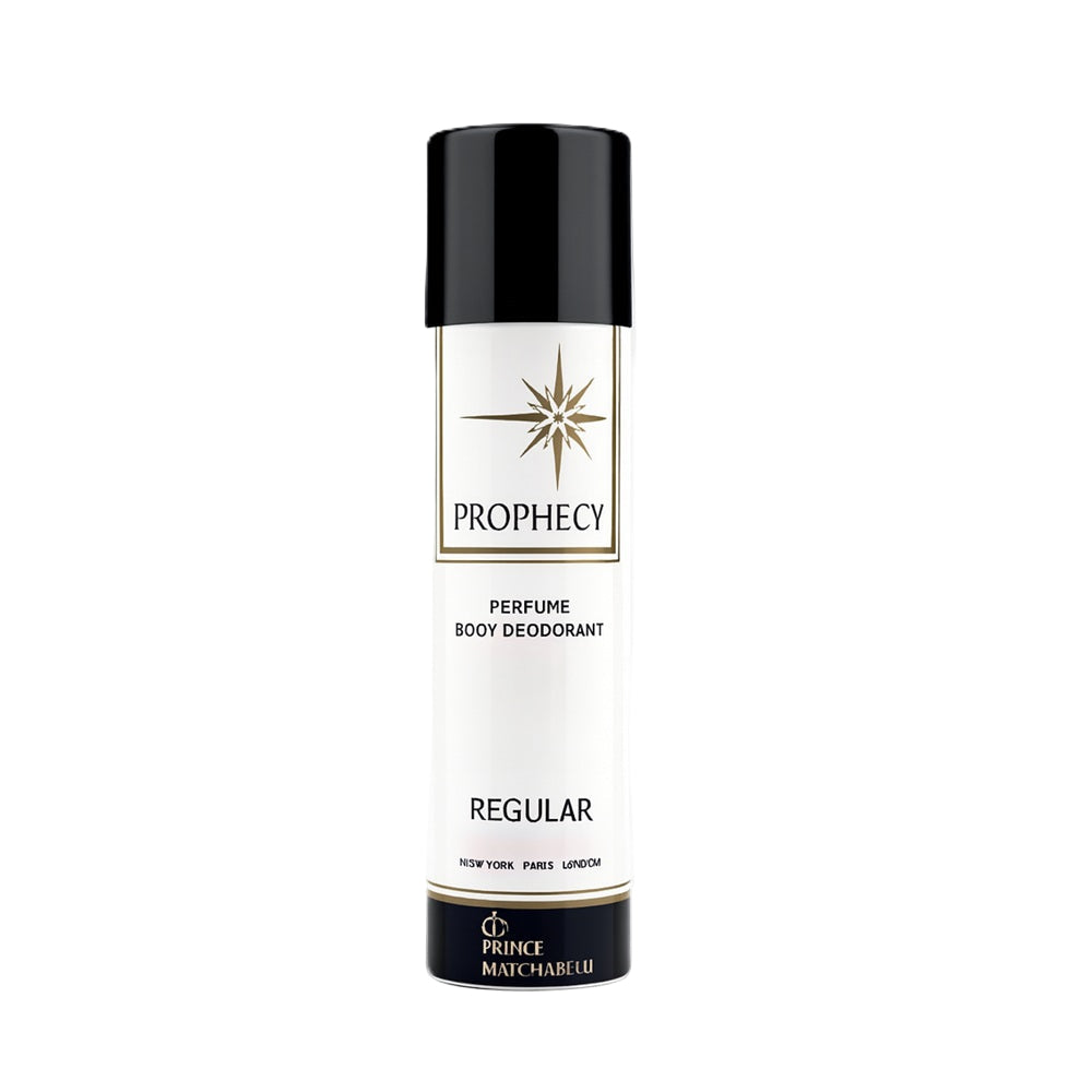 Prince Matchabelli Prophecy Regular Perfume Body Deodorant spray can – white bottle with black cap, product photo