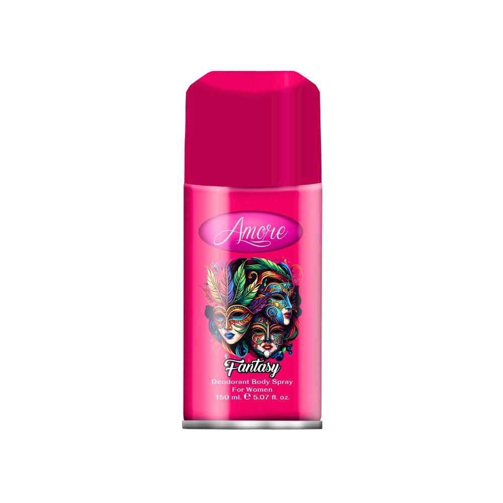 Amore Fantasy deodorant body spray for women, 150 ml pink aerosol can with three colorful masked faces design on the label