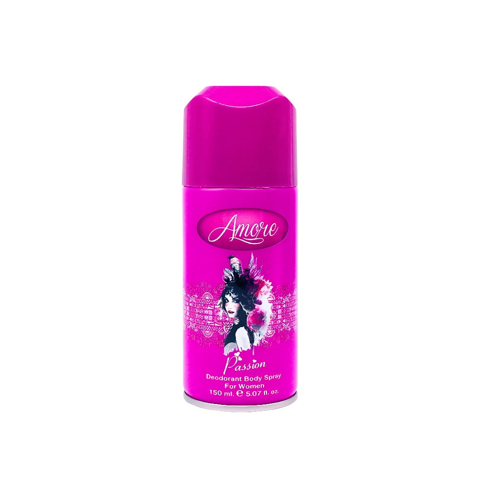 Amore Passion Deodorant Body Spray for Women – 150ml pink can with floral design