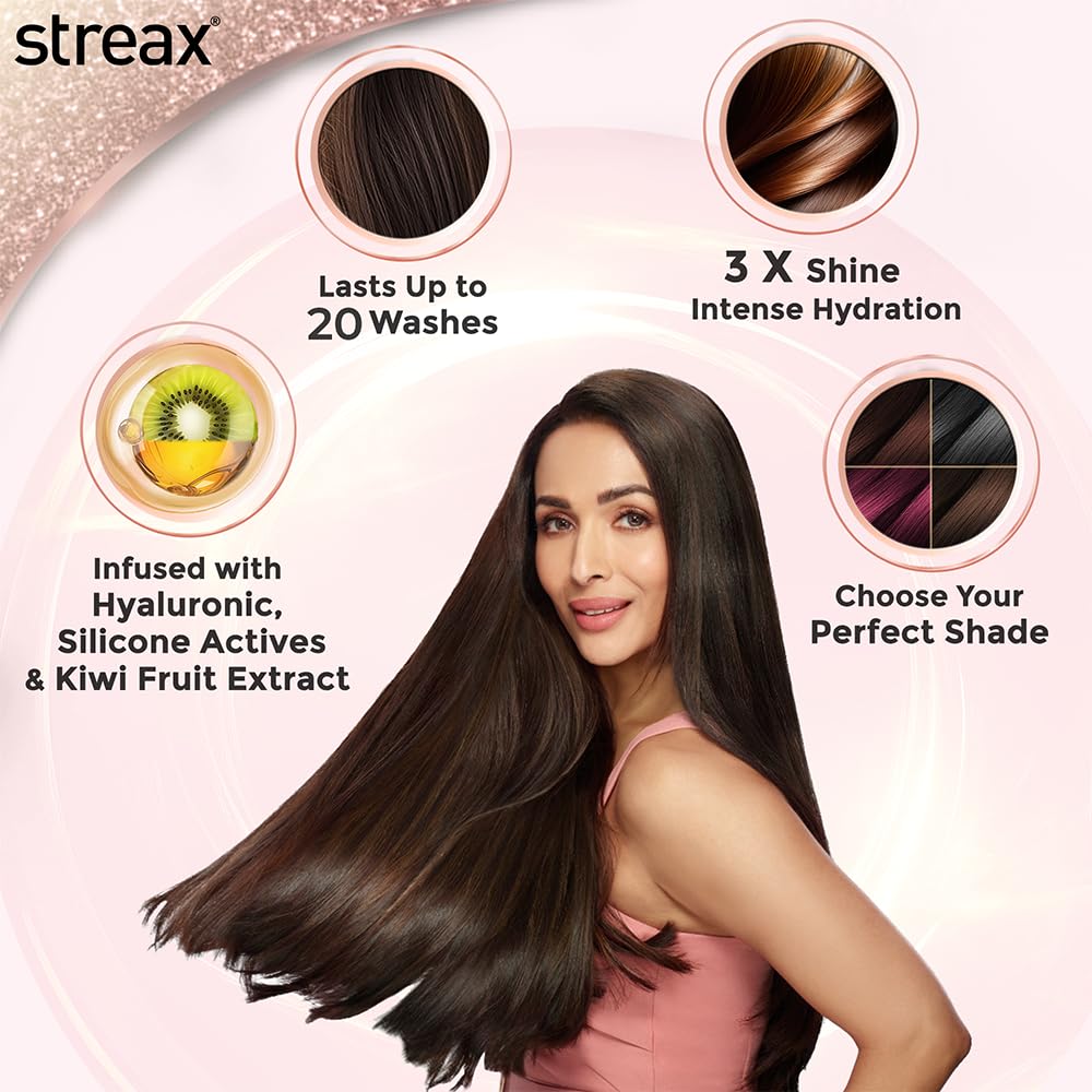 Streax Gel Hair Colour in Natural Black with Kiwi Fruit Extract, offering high gloss, smoothness, and 100% grey coverage