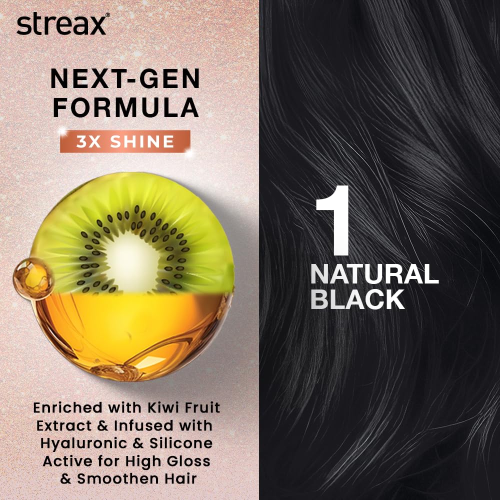 Streax Gel Hair Colour in Natural Black with Kiwi Fruit Extract, 3X shine