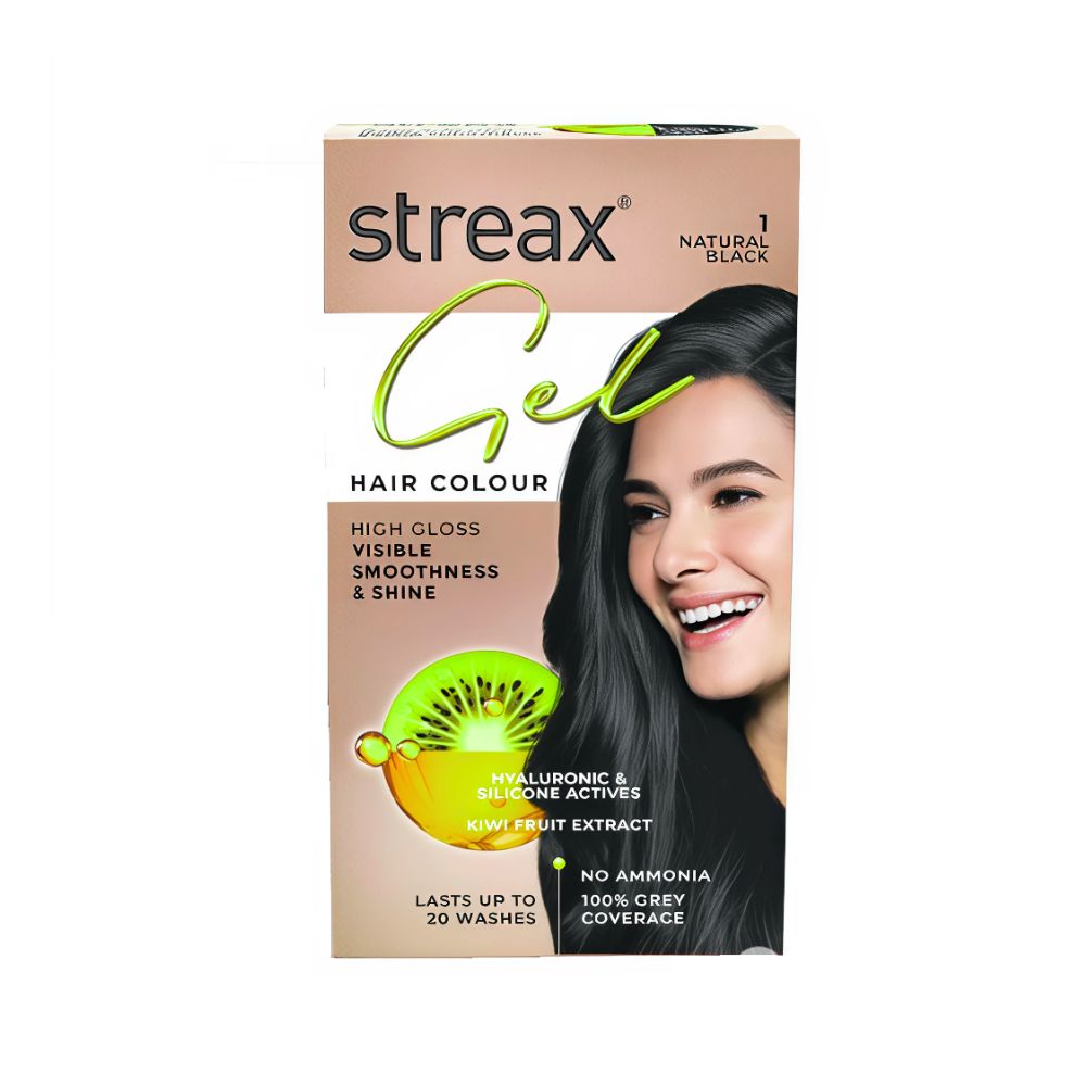 Streax Gel Hair Colour in Natural Black with Kiwi Fruit Extract, offering high gloss, smoothness, and 100% grey coverage.