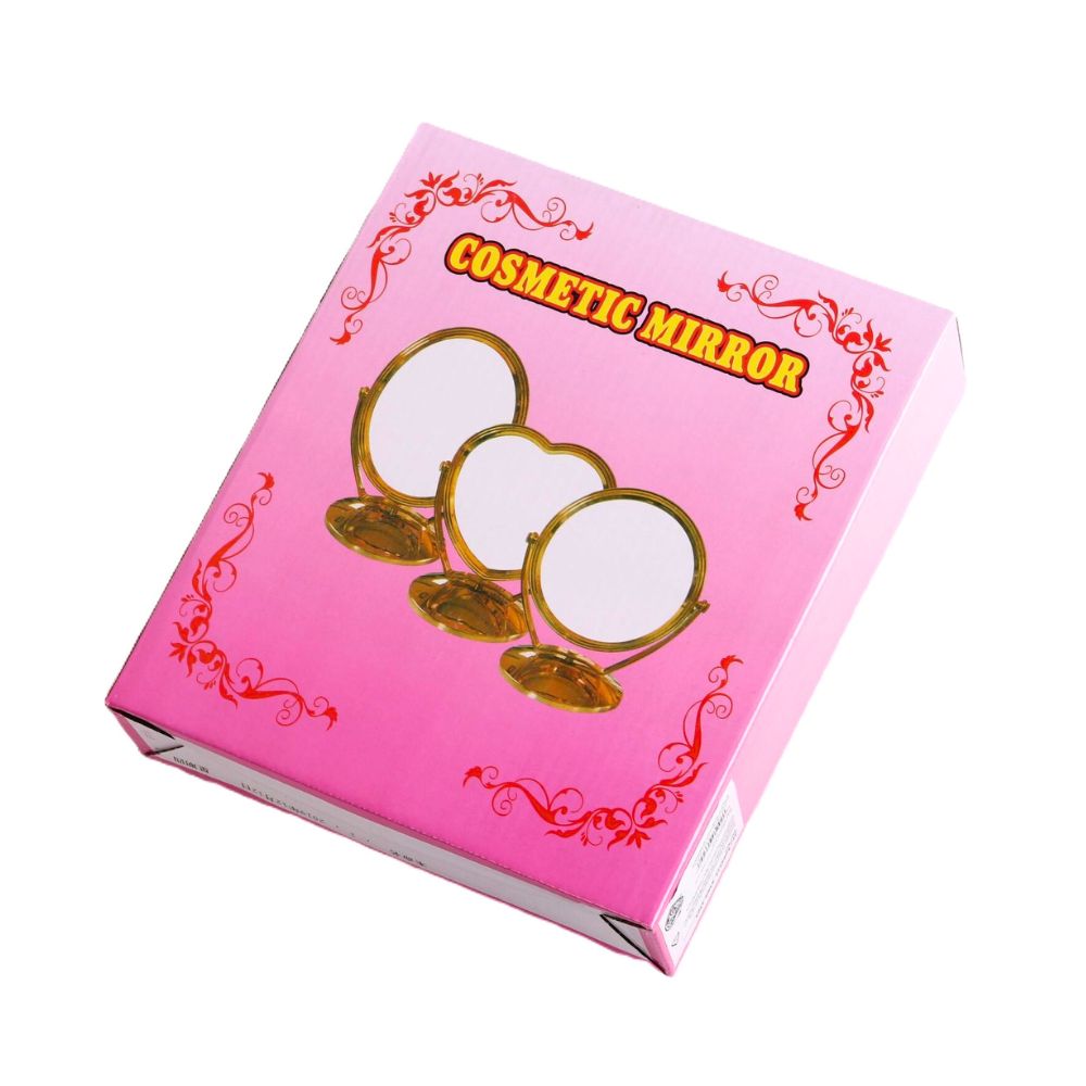 Pink box packaging of 2 Ways Cosmetic Mirror featuring gold-tone dual-sided mirrors with oval, heart, and round shapes.

