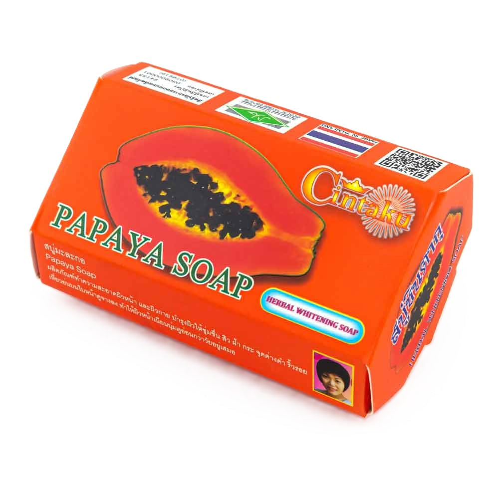 Cintaku Papaya Soap box featuring an image of a papaya, promoting herbal whitening benefits for radiant skin