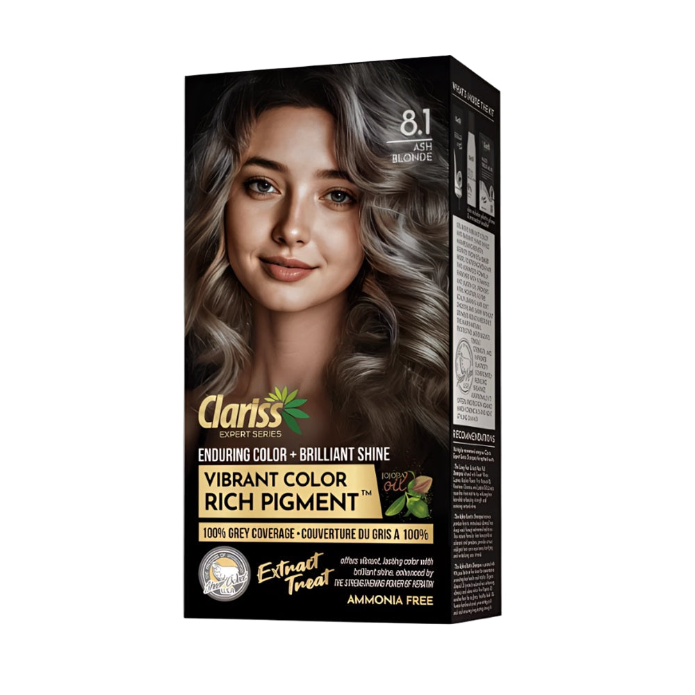 Ash Blonde 8.1: Clariss Hair Color Ash Blonde 8.1 packaging – vibrant pigment, nourishing formula