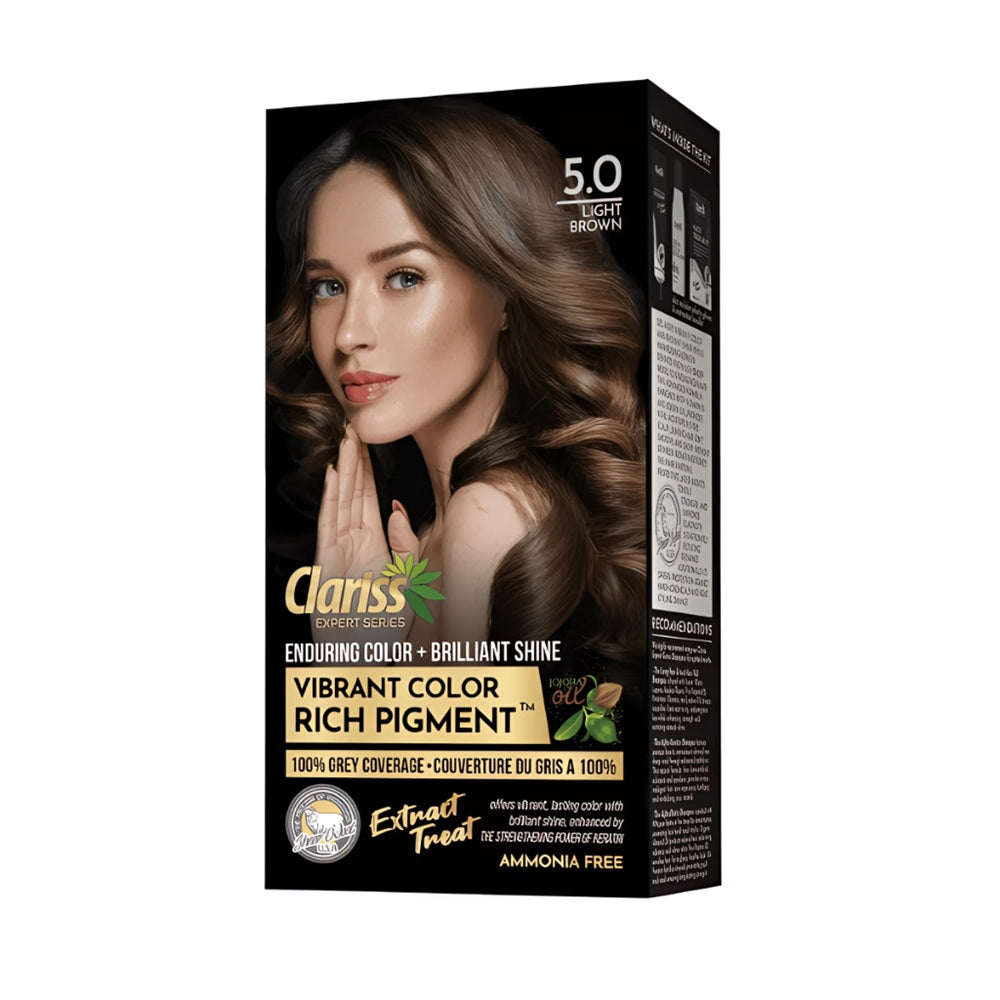 Light Brown 5.0: Clariss Hair Color Light Brown 5.0 front pack – brilliant shine, ammonia-free