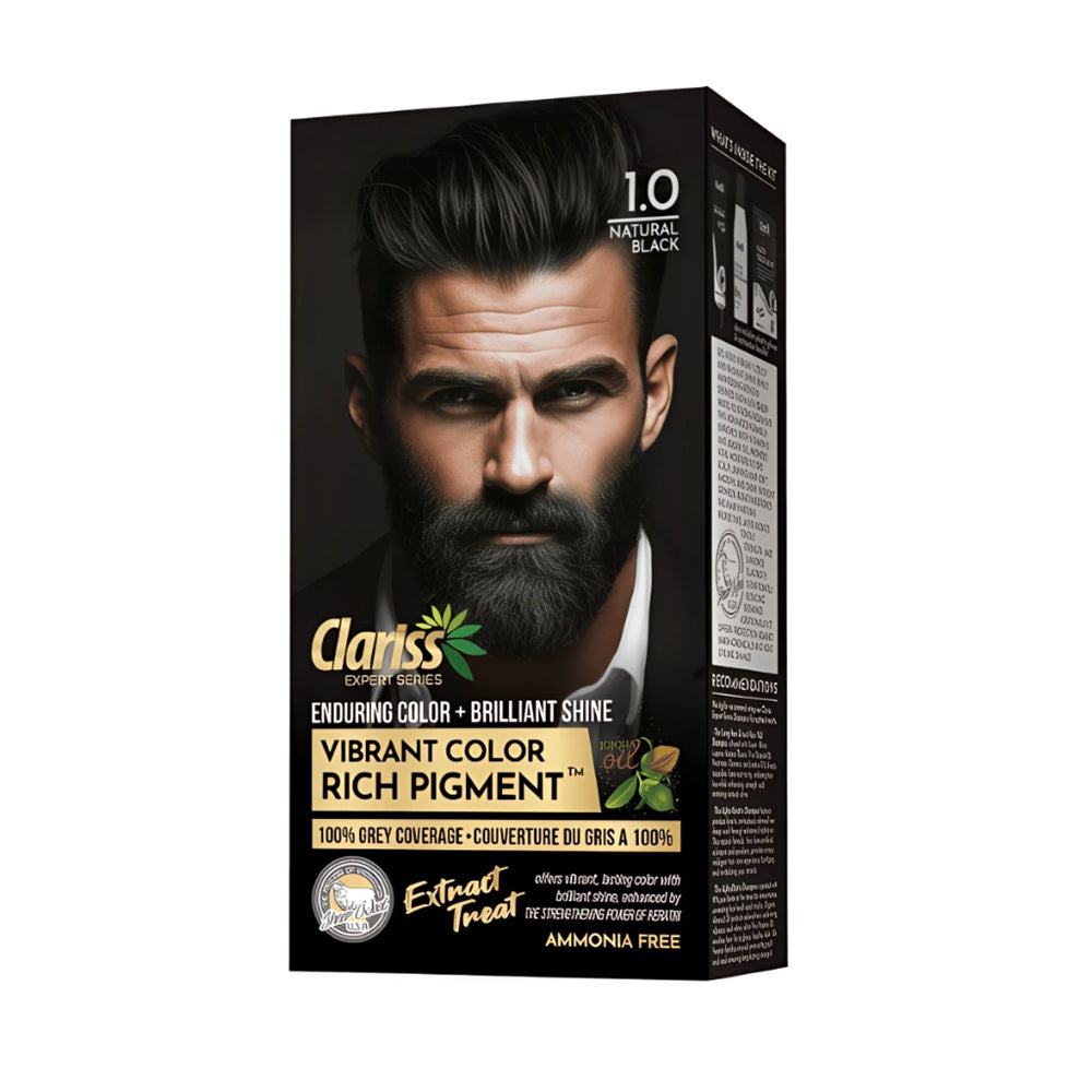 Natural Black 1.0: Clariss Hair Color Natural Black 1.0 box – ammonia-free with jojoba oil, 100% grey coverage