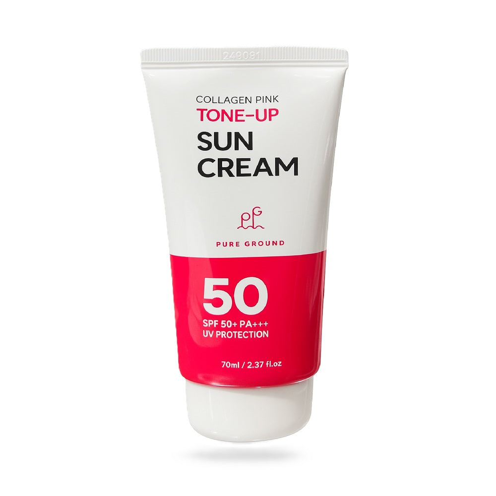 Pure Ground Collagen Pink Tone-Up Sun Cream SPF 50+ PA+++ – 70ml tube with box on white background, brightening UV protection sunscreen.