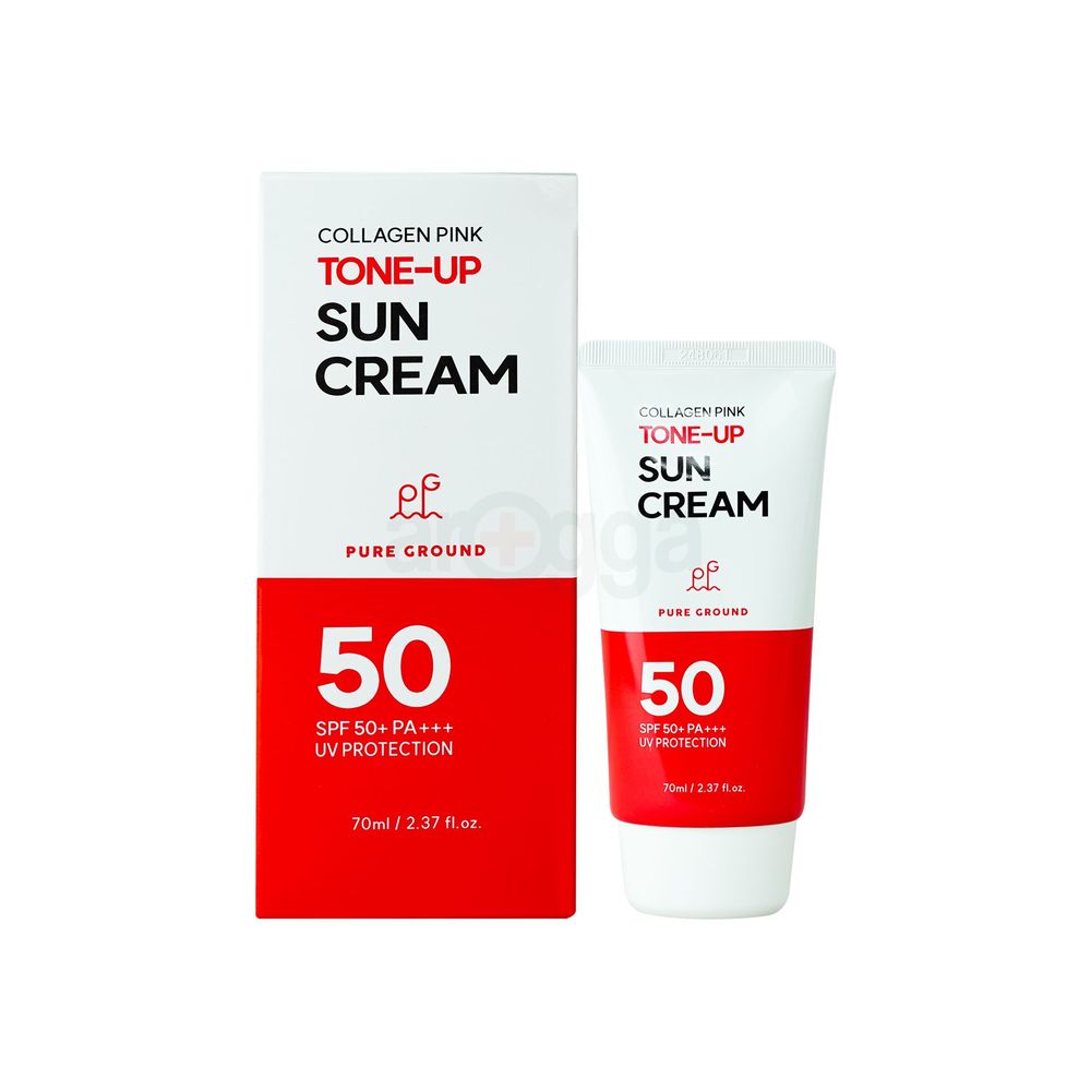Collagen Pink Tone-Up Sun Cream SPF 50+ PA+++ by Pure Ground – 70ml tube with matching box, brightening UV protection skincare.