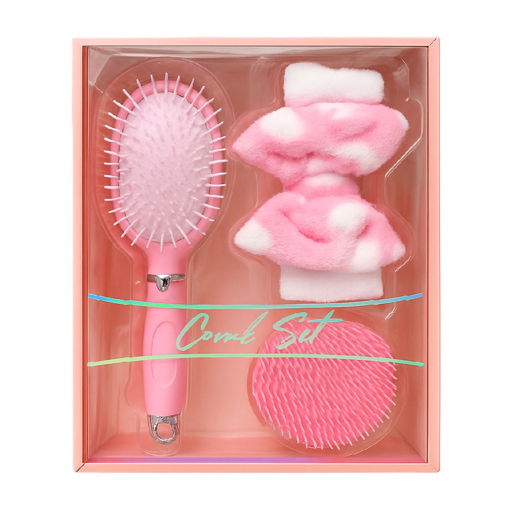 Premium Pink Comb Set with hair brush, plush headband, and silicone scalp massager 

