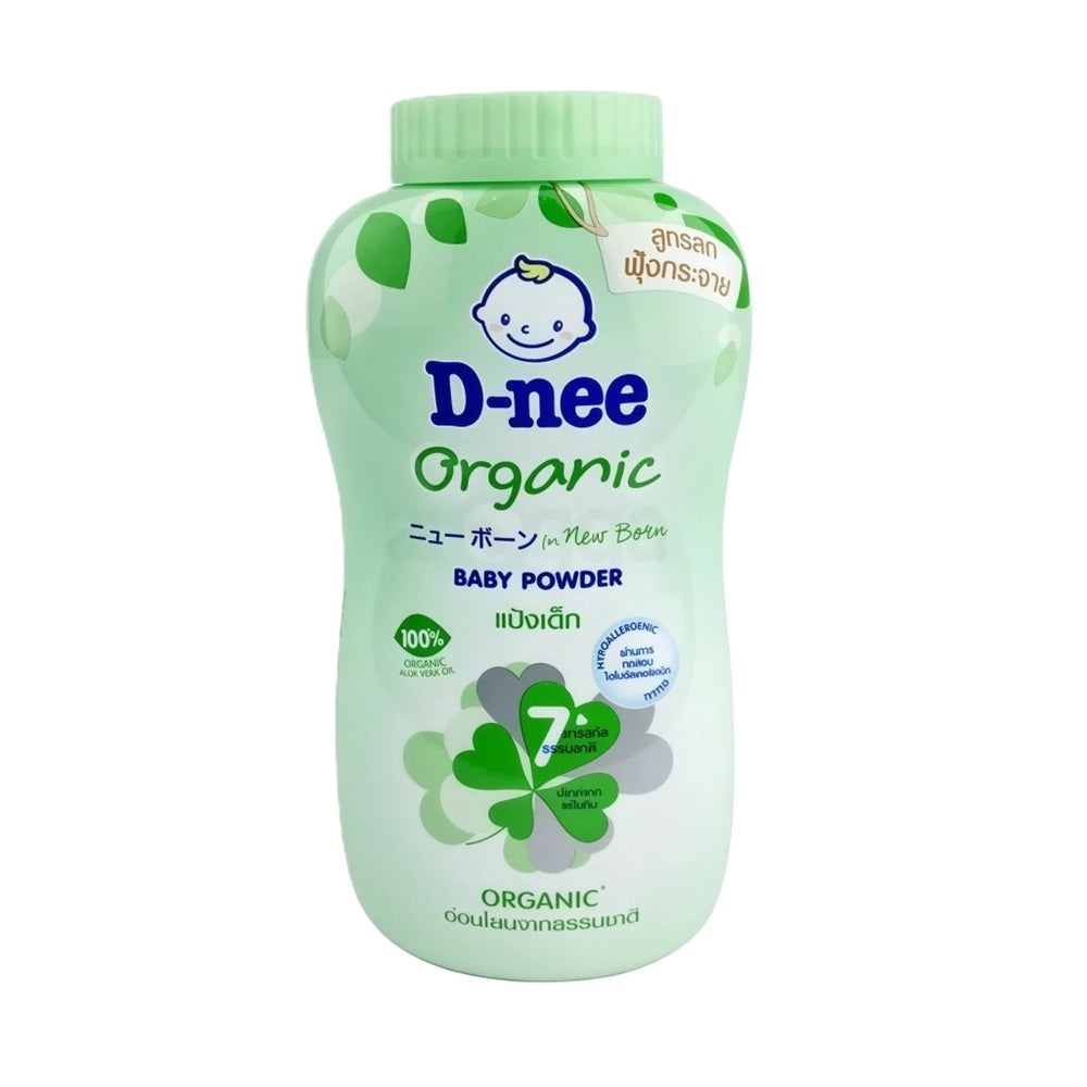 D-nee Organic Baby Powder bottle with green packaging, organic aloe vera formula for newborn baby skin care.