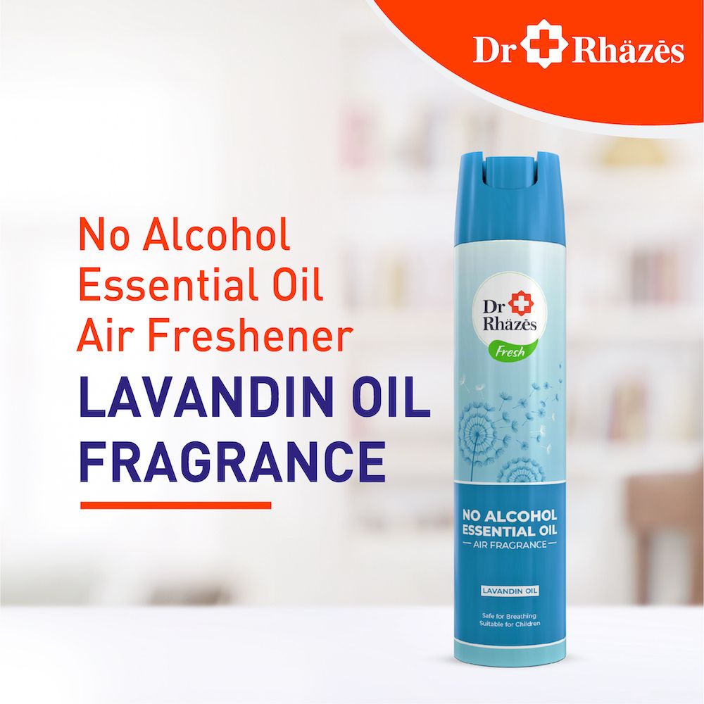 Dr Rhäzēs alcohol-free air freshener beside lavender flowers 300ml (BD)