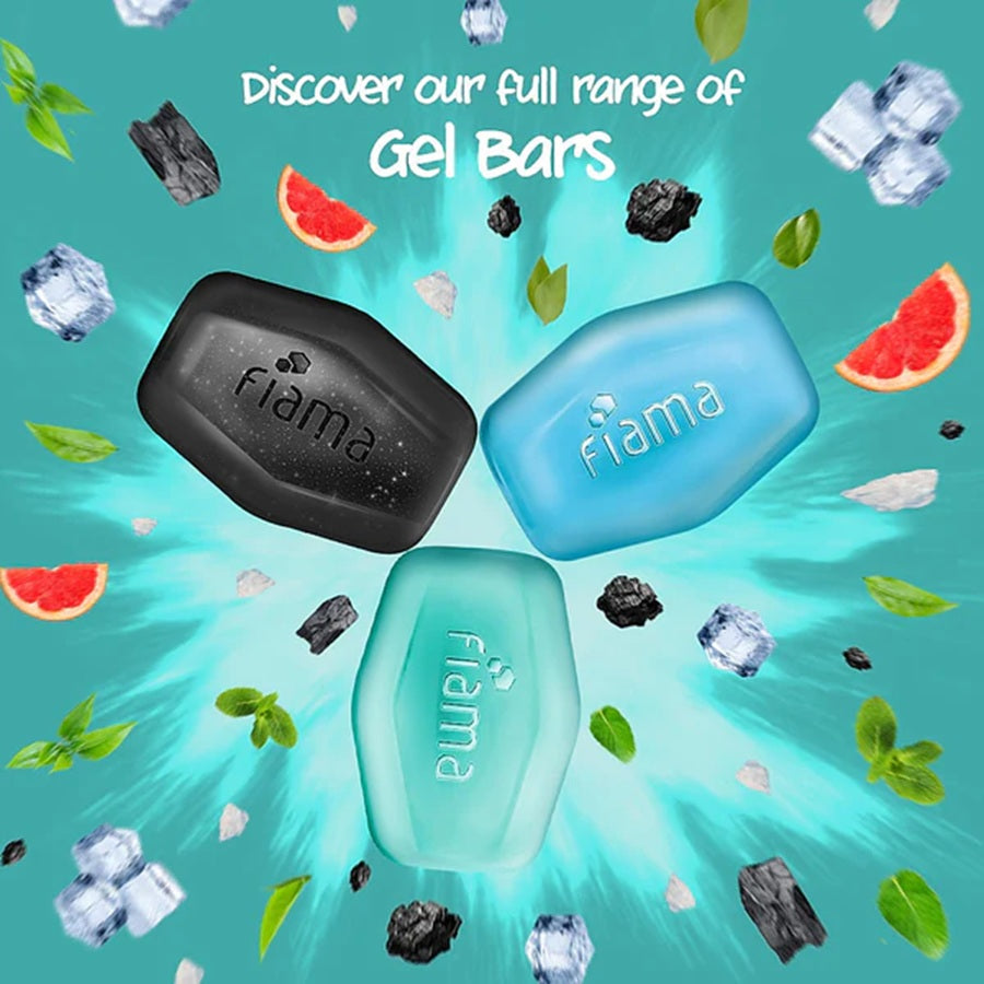 Fiama Men Gel Bar Deep Clean soap with charcoal and grapefruit packaging, black bar and blue box design for men’s skincare