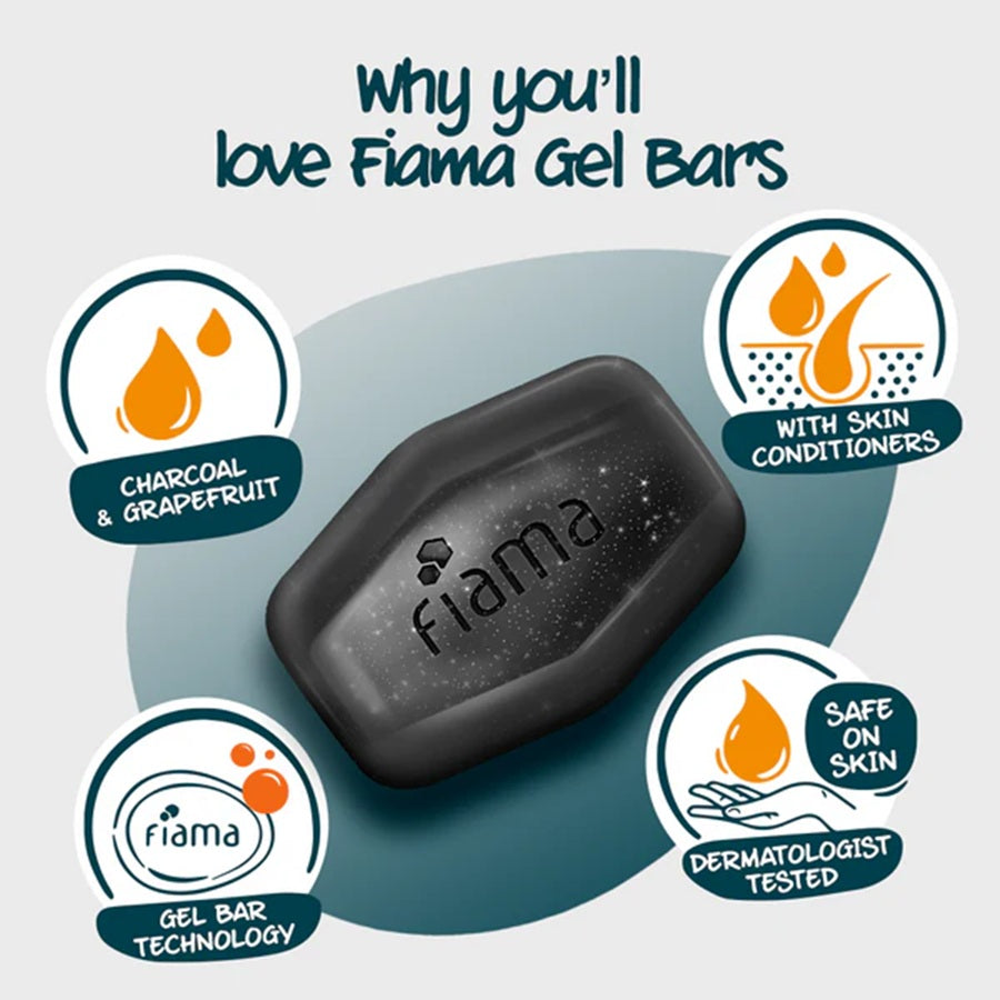 Fiama Men Gel Bar Deep Clean soap with charcoal and grapefruit packaging, black bar and blue box design for men’s skincare