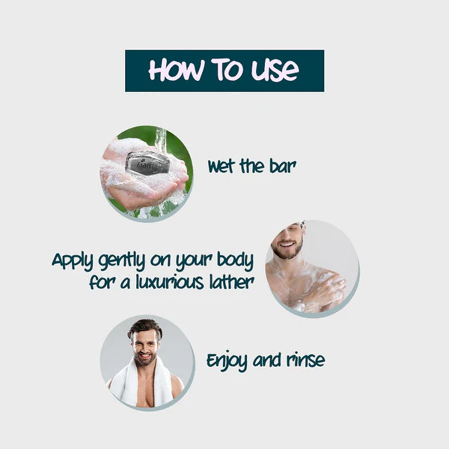 Fiama Men Gel Bar Deep Clean soap with charcoal and grapefruit packaging, black bar and blue box design for men’s skincare