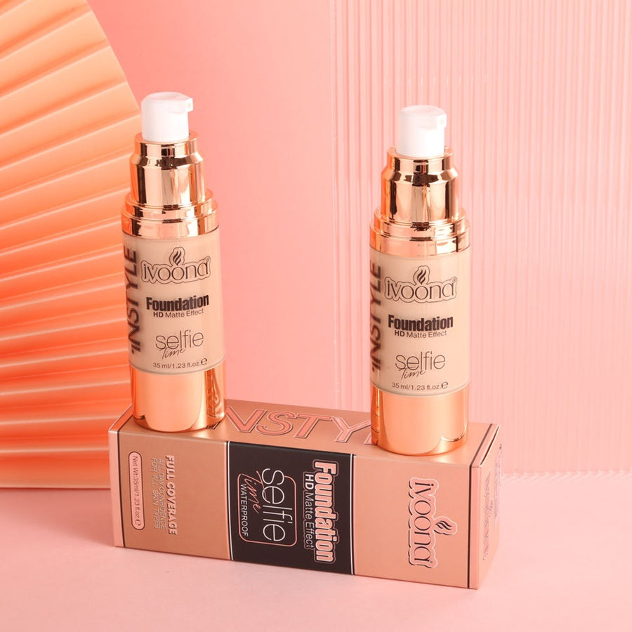 Retail display of multiple IVOONA Selfie Time HD Matte Effect waterproof full coverage foundation boxes