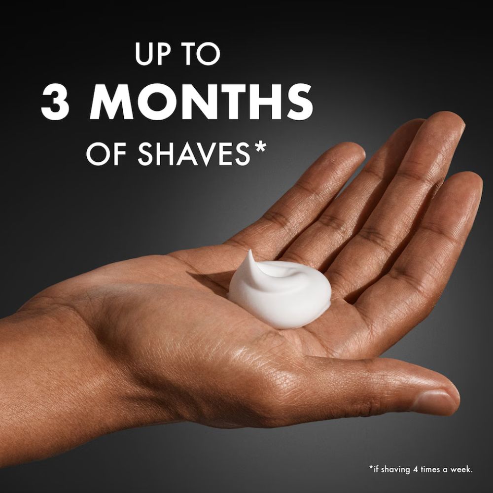 Dollop of Gillette Sensitive Shave Foam on hand with text claiming up to 3 months of shaves 