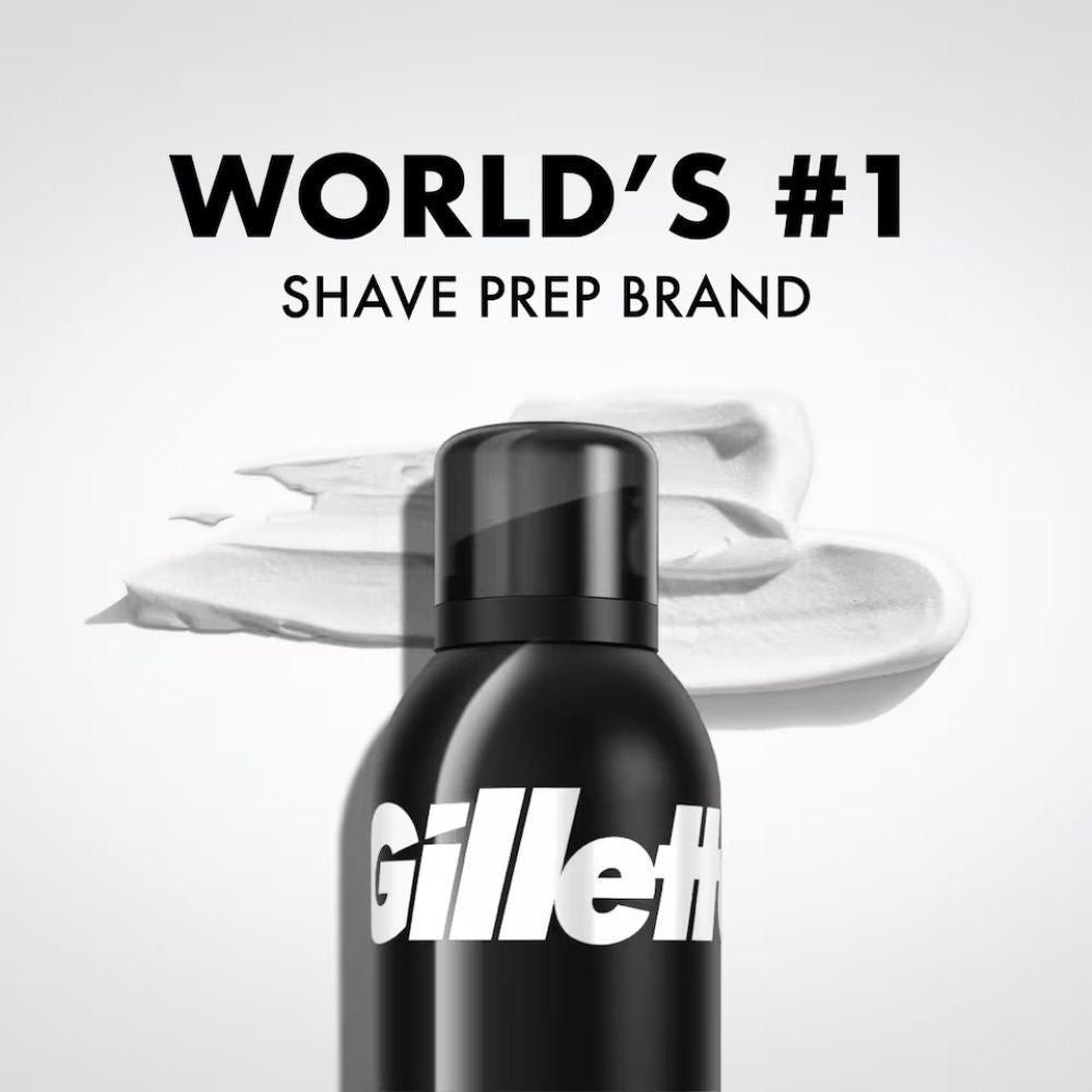 Gillette Sensitive Shave Foam can with World's #1 Shave Prep Brand claim and rich lather in background (BD)
