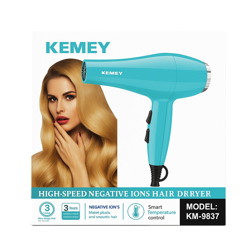KEMEY KM-9837 hair dryer packaging box featuring model, product image, and highlighted features

