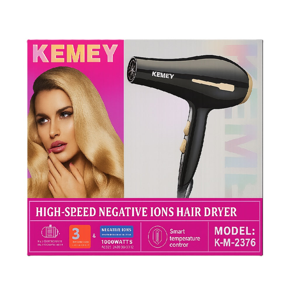 KEMEY KM-2376 hair dryer product box featuring a stylish model and product features like negative ions and smart temperature control.