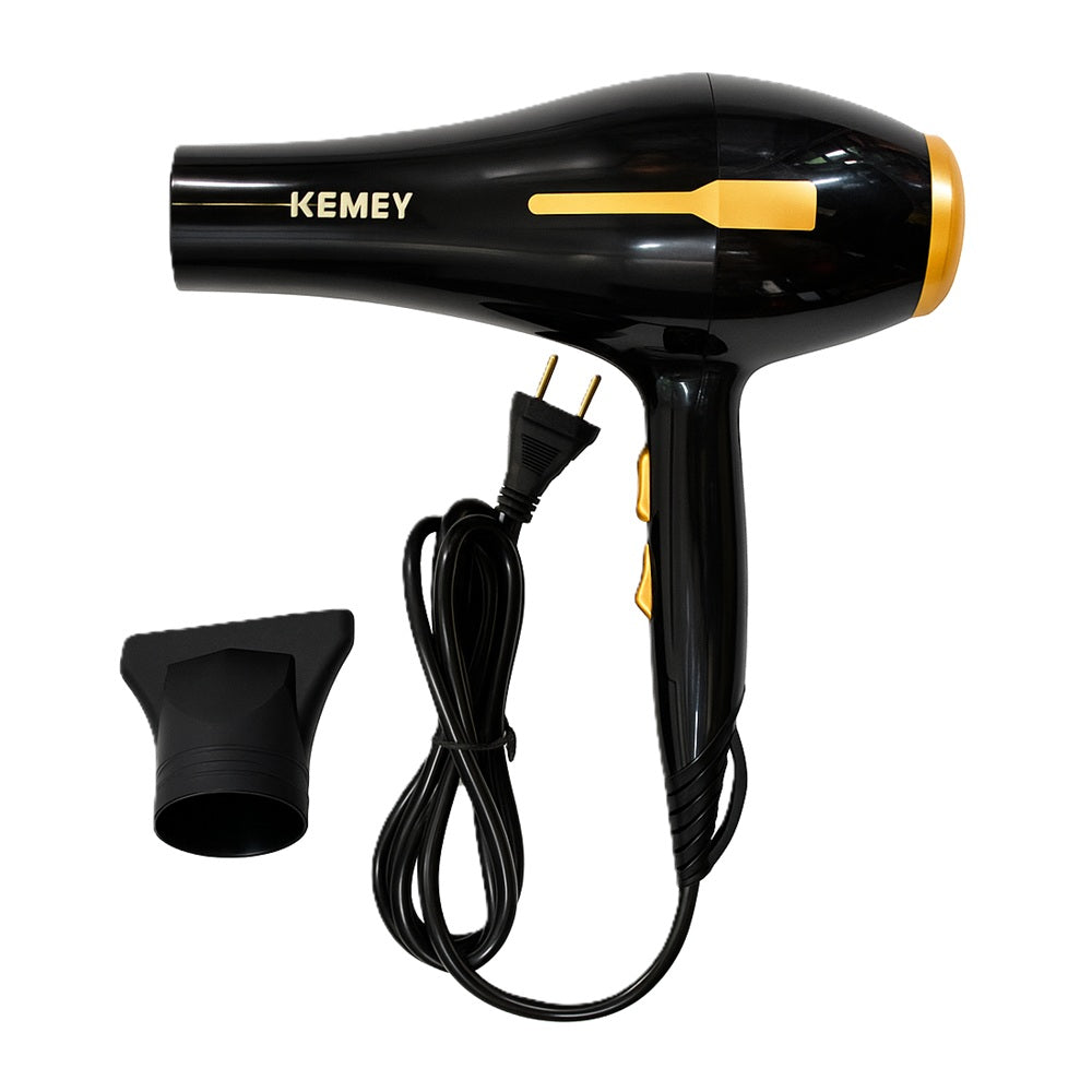 KEMEY KM-2376 black and gold high-speed hair dryer with attached power cord and nozzle attachment on white background.

