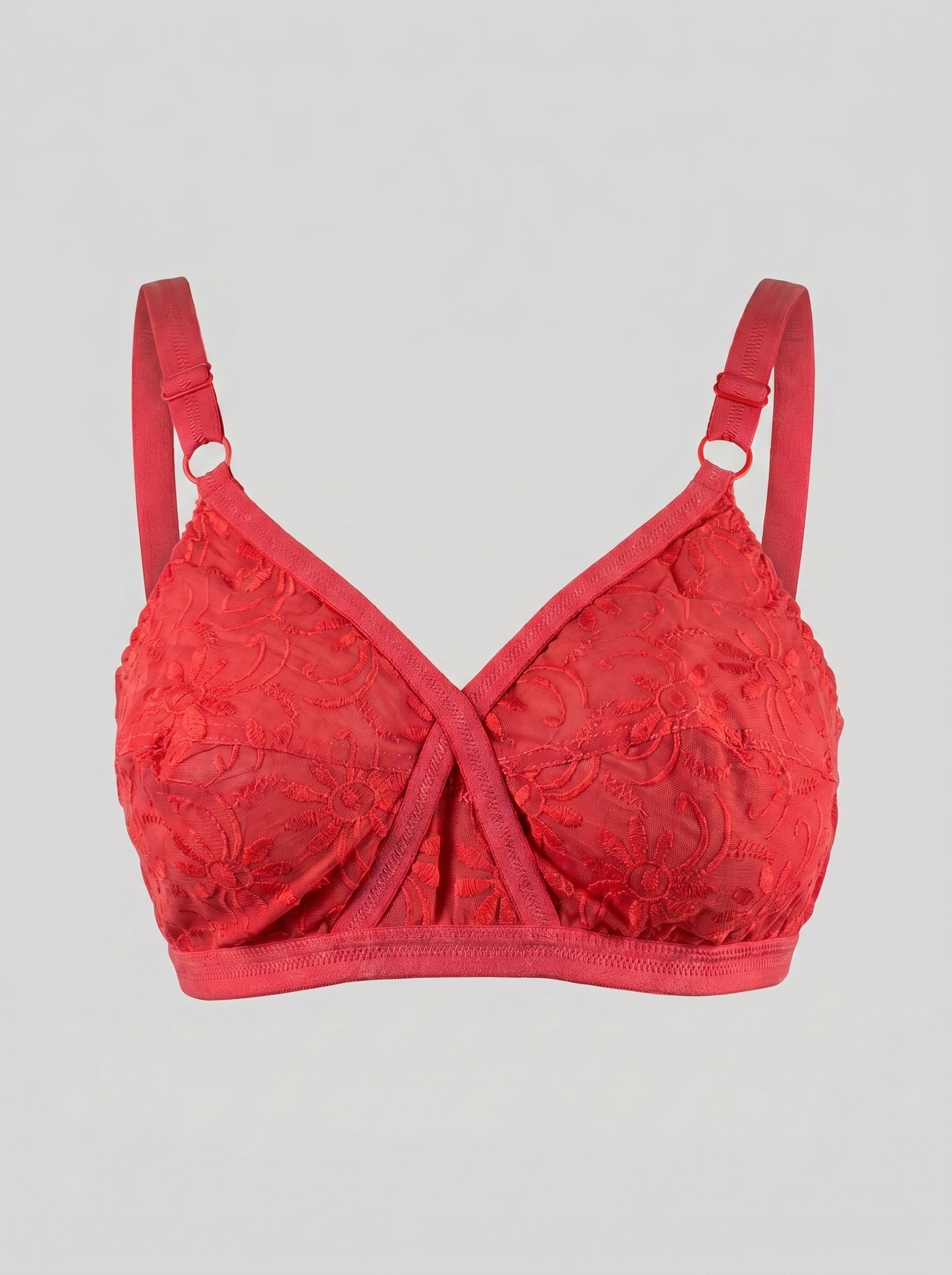 Red bra with floral lace details on a light gray background #color_red