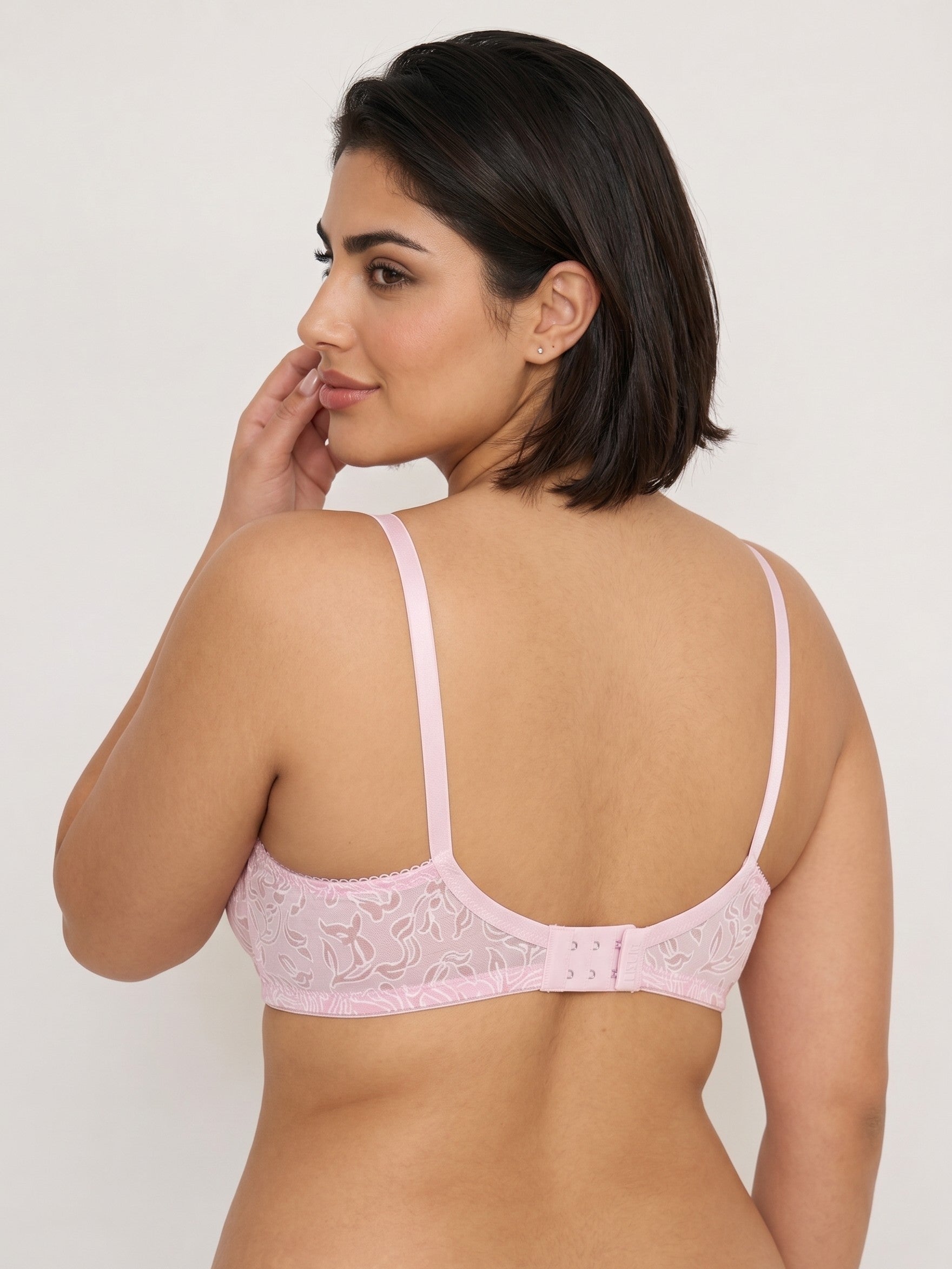 Pink Like-Me Eves Bra back view with hook closure and floral lace band. #color_pink