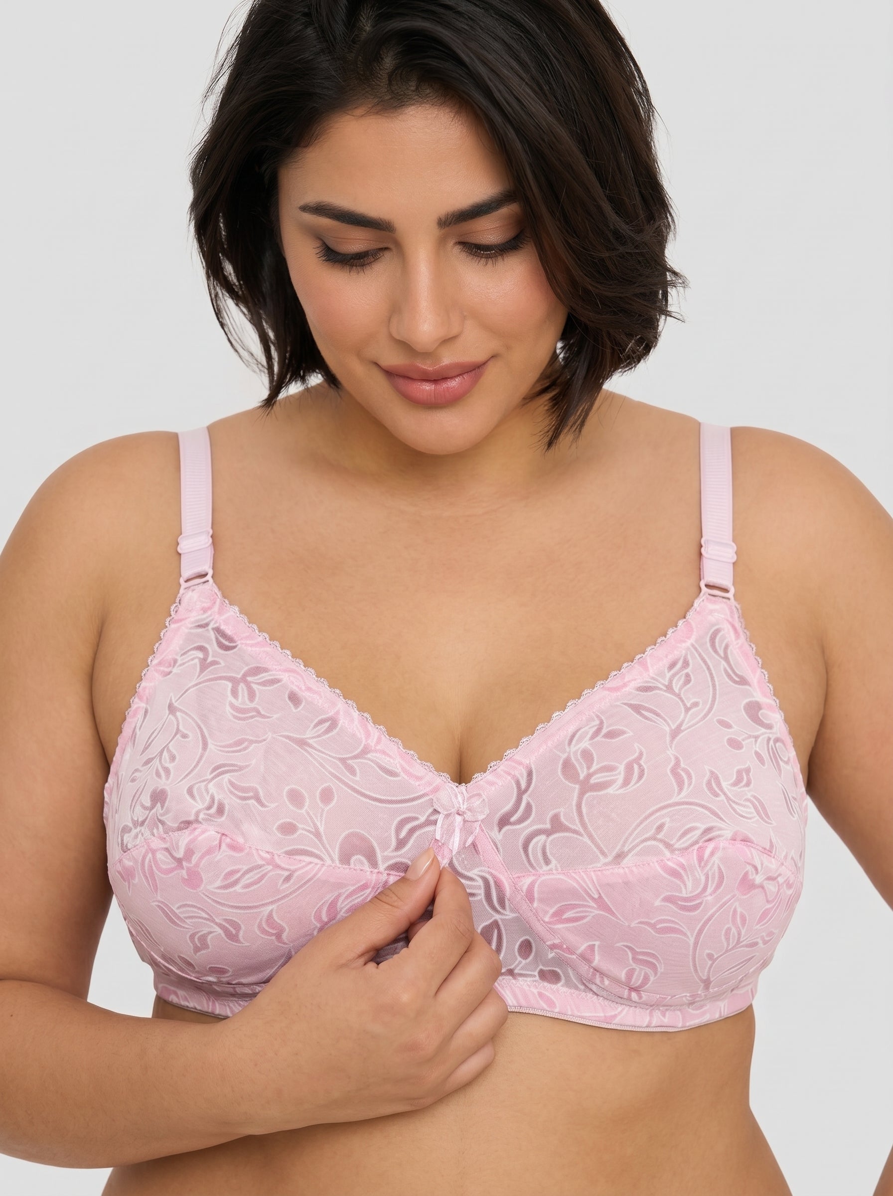 Pink Like-Me Eves Bra close-up highlighting center bow and floral lace cups. #color_pink